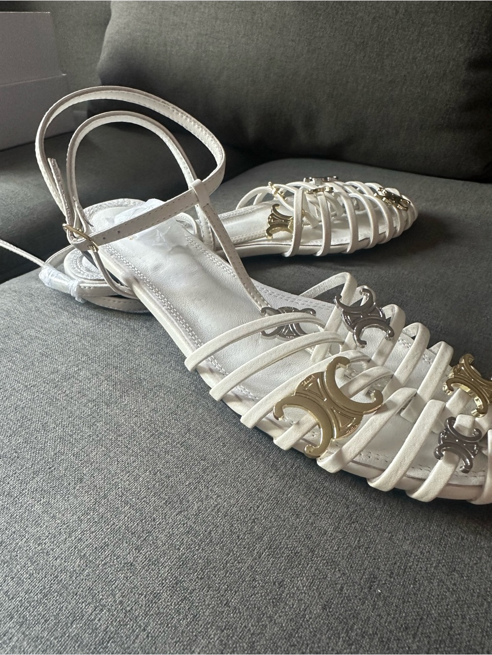 Hand Crafted White Strappy Sandals with Mixed Metal Accents